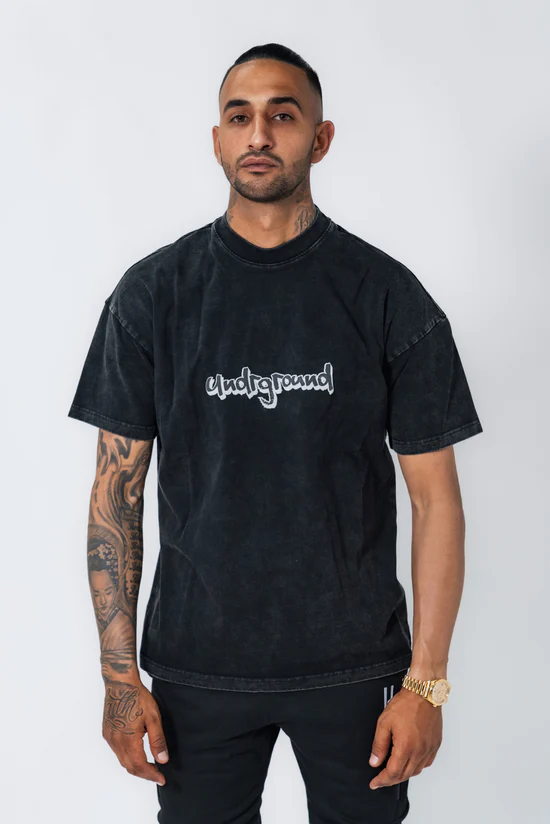 Undrground Acid Wash Puff Print T-Shirt (Black)